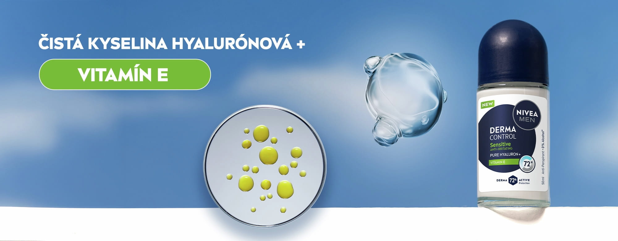 NIVEA MEN Guľôčkový antiperspirant Derma Control Sensitive s ČISTOU KYSELINOU HYALURÓNOVOU a VITAMÍNOM E.