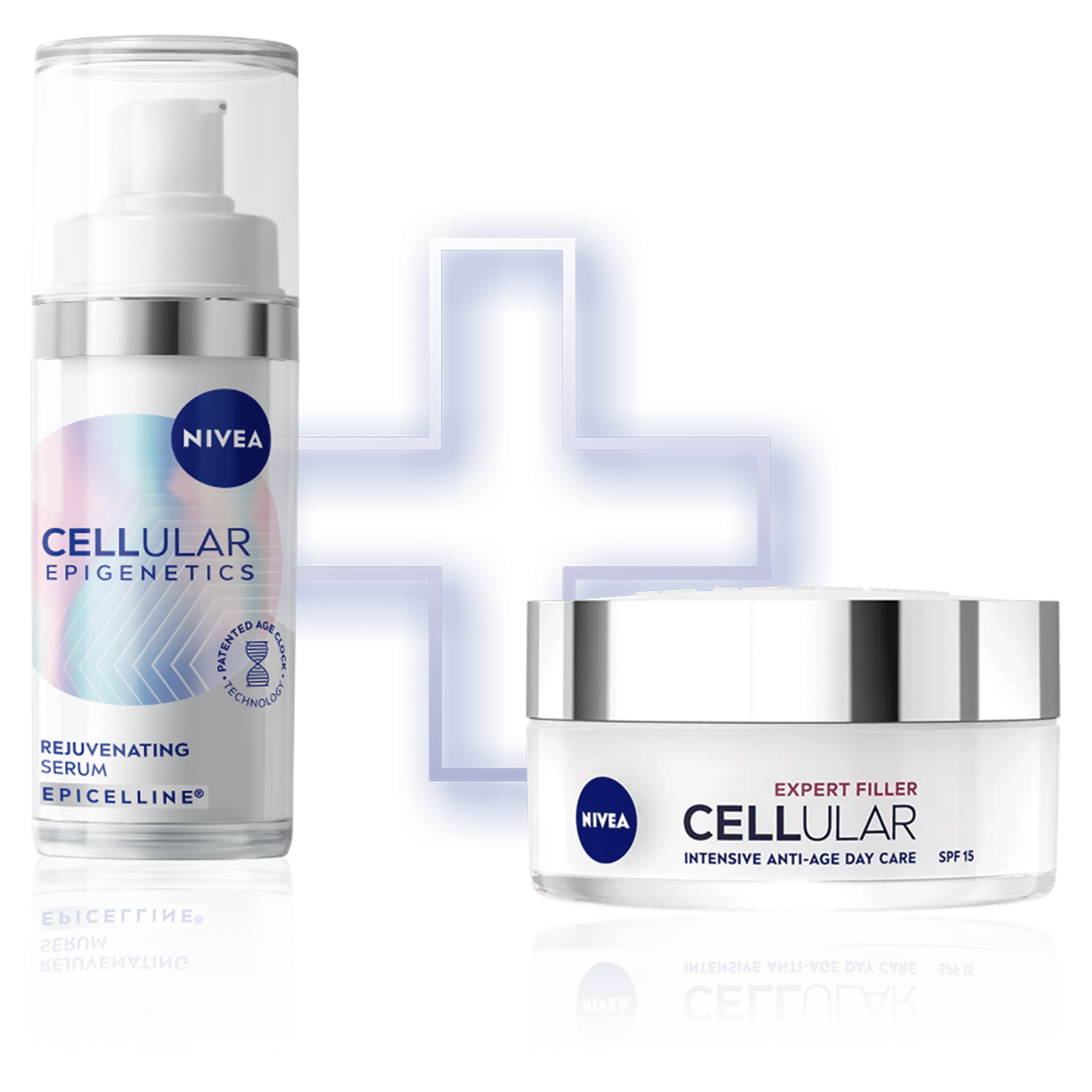 Два продукта NIVEA CELLULAR са представени един до друг, една бутилка серум Epigenetics и една кутия дневен крем.