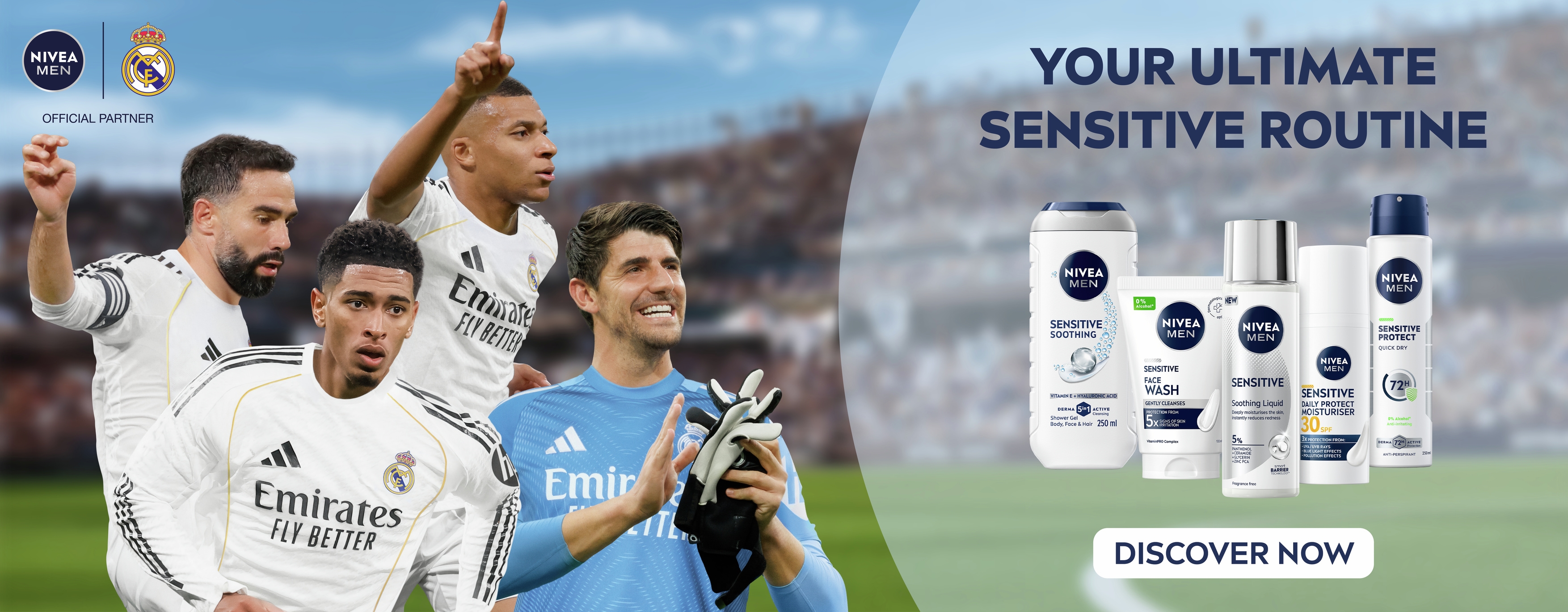 Nivea Men advertisement featuring Real Madrid football players alongside a lineup of "Sensitive Routine" skincare products in a stadium setting
