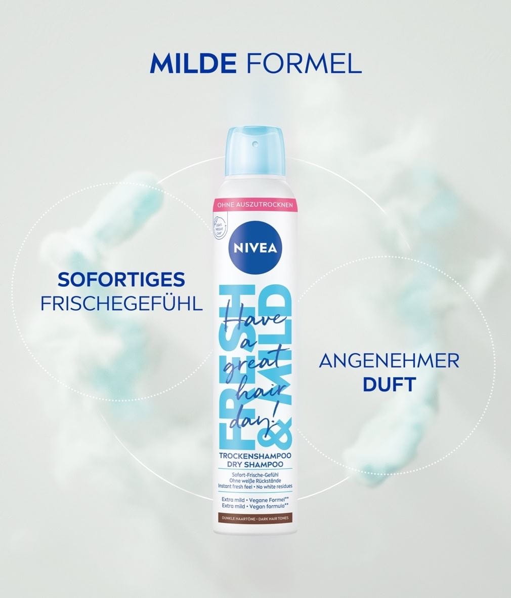 NIVEA Fresh & Mild Trockenshampoo dunkel Produktabbildung mit Benefits