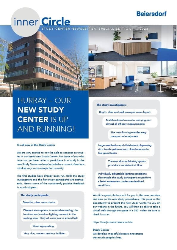 Beiersdorf newsletter announcing new study center with images of building and interior.