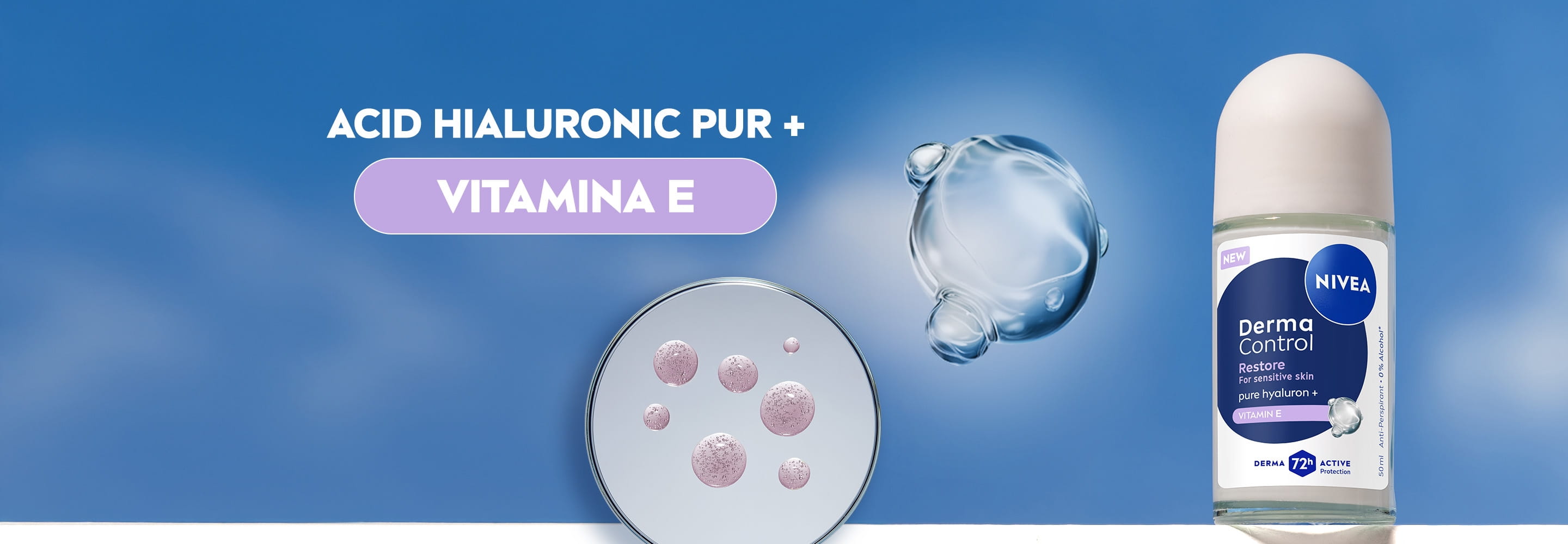 Deodorant roll-on NIVEA Derma Control Restore, cu molecule crescute ale ingredientelor, reprezentând ACID HIALURONIC PUR și VITAMINA E.