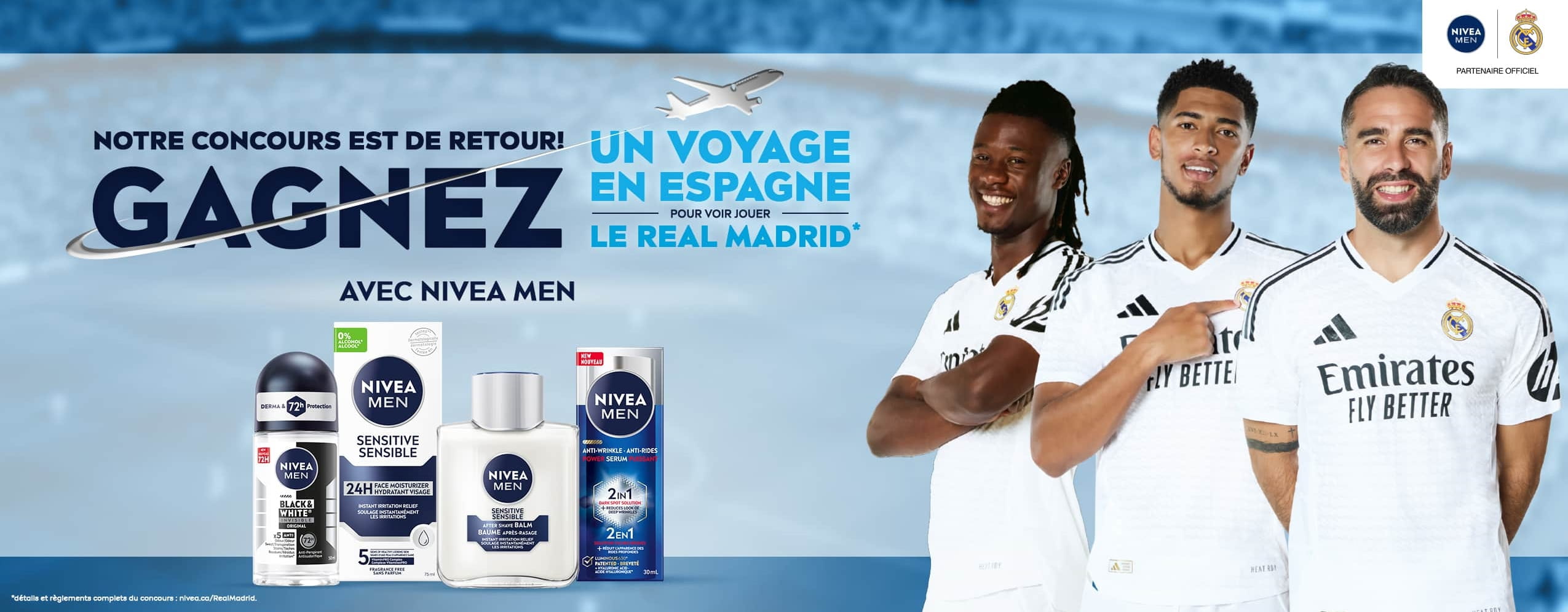 Trois joueurs du Real Madrid qui sourit sur un fond bleu annonçant le concours NIVEA MEN x Real Madrid.