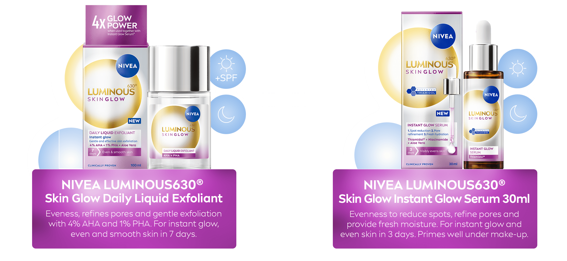 NIVEA LUMINOUS630® Skin Glow Liquid Refiner and NIVEA LUMINOUS630® Skin Glow Instant Glow Serum 30ml featured with icons and numbers indicating use.