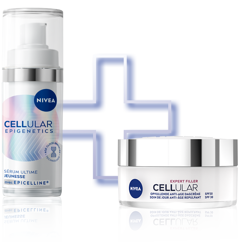 Deux produits NIVEA CELLULAR présentés côte à côte : un flacon de sérum Épigénétique et un pot de crème de jour.