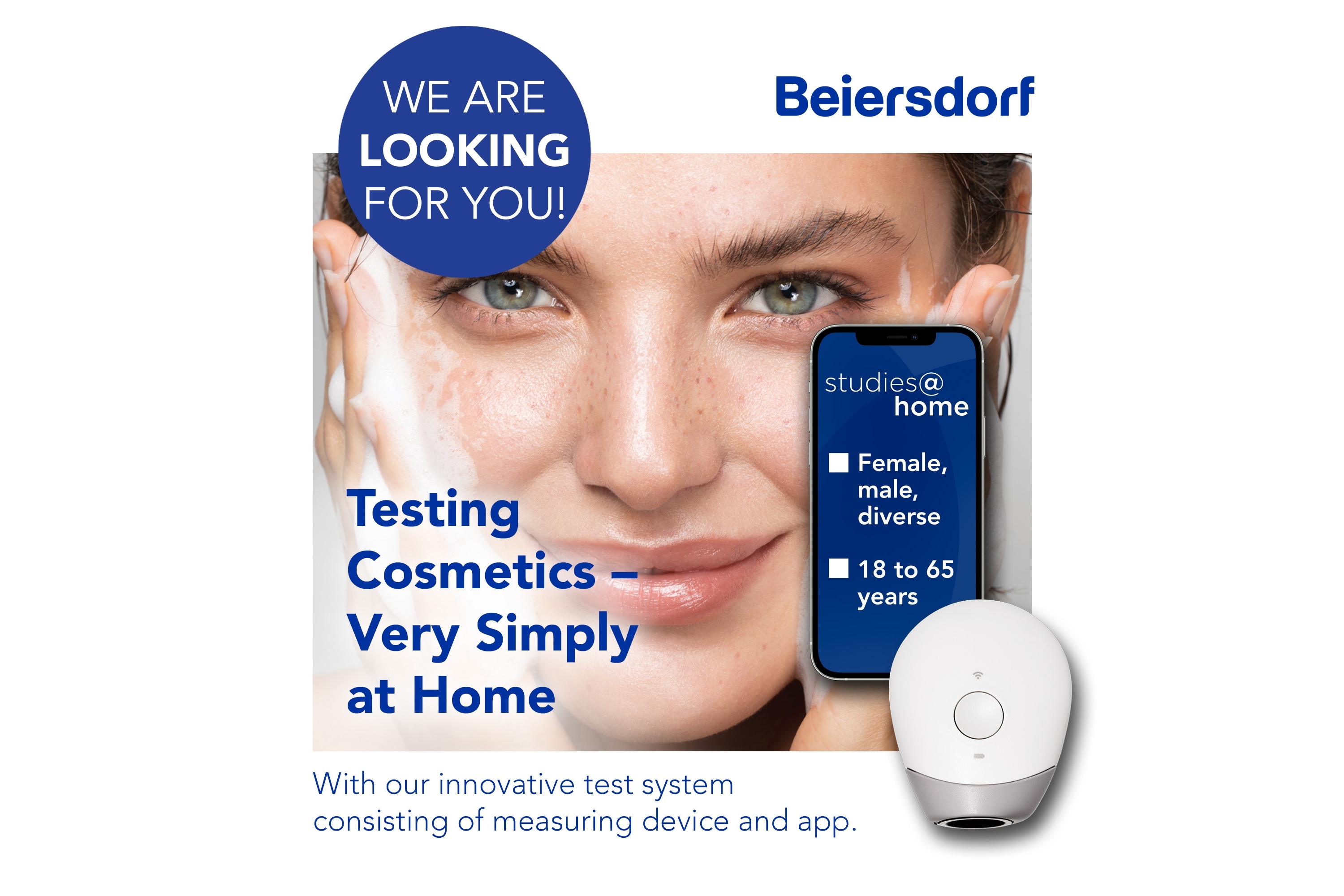 Woman applying cream, text: 'Testing Cosmetics – Very Simply at Home', Beiersdorf logo.