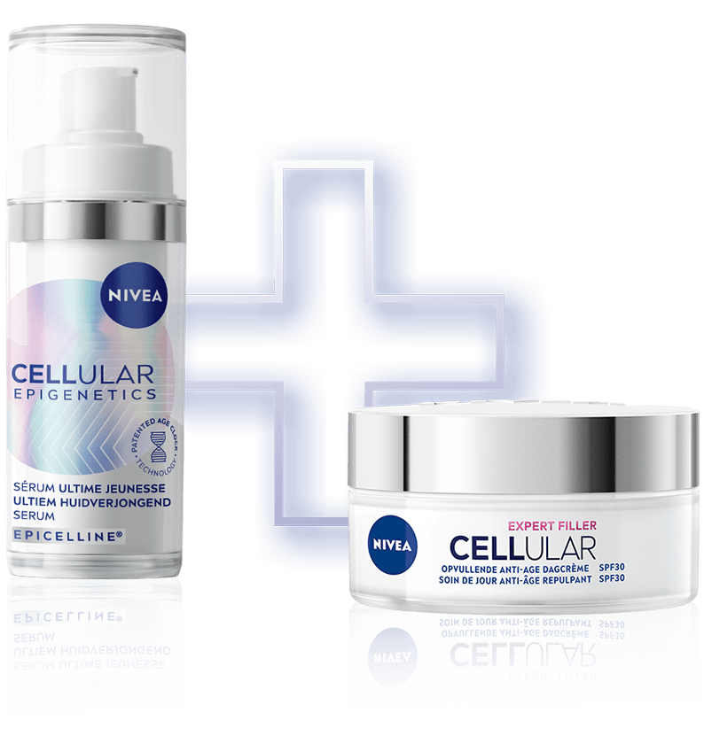 Deux produits NIVEA CELLULAR présentés côte à côte : un flacon de sérum Épigénétique et un pot de crème de jour.