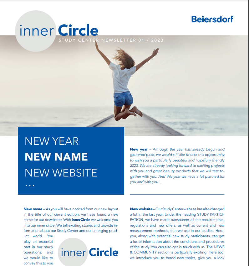Beiersdorf newsletter titled 'inner Circle' with a person jumping on a pier.