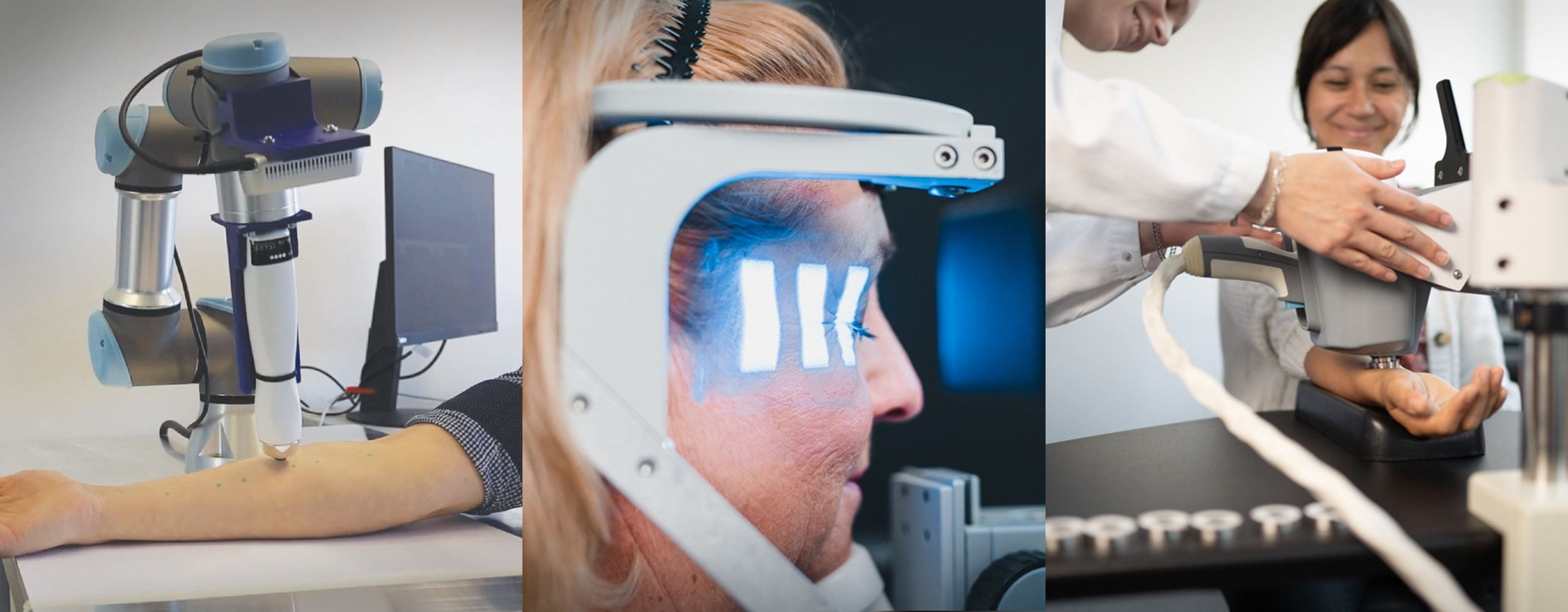 Three images showing skincare technology and testing procedures.