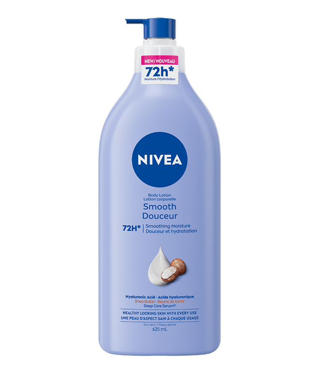 A product shot of a large, 625 mL pump bottle of NIVEA Smooth Body Lotion.