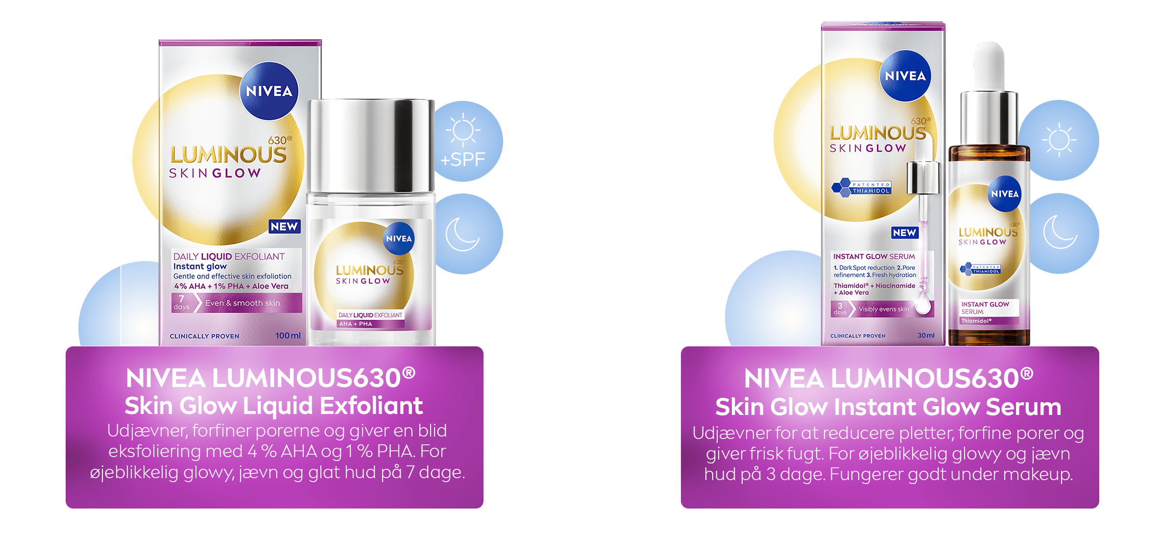 NIVEA LUMINOUS630® Skin Glow Liquid Refiner og NIVEA LUMINOUS630® Skin Glow Instant Glow Serum 30 ml er forsynet med ikoner og tal, der angiver brugen.