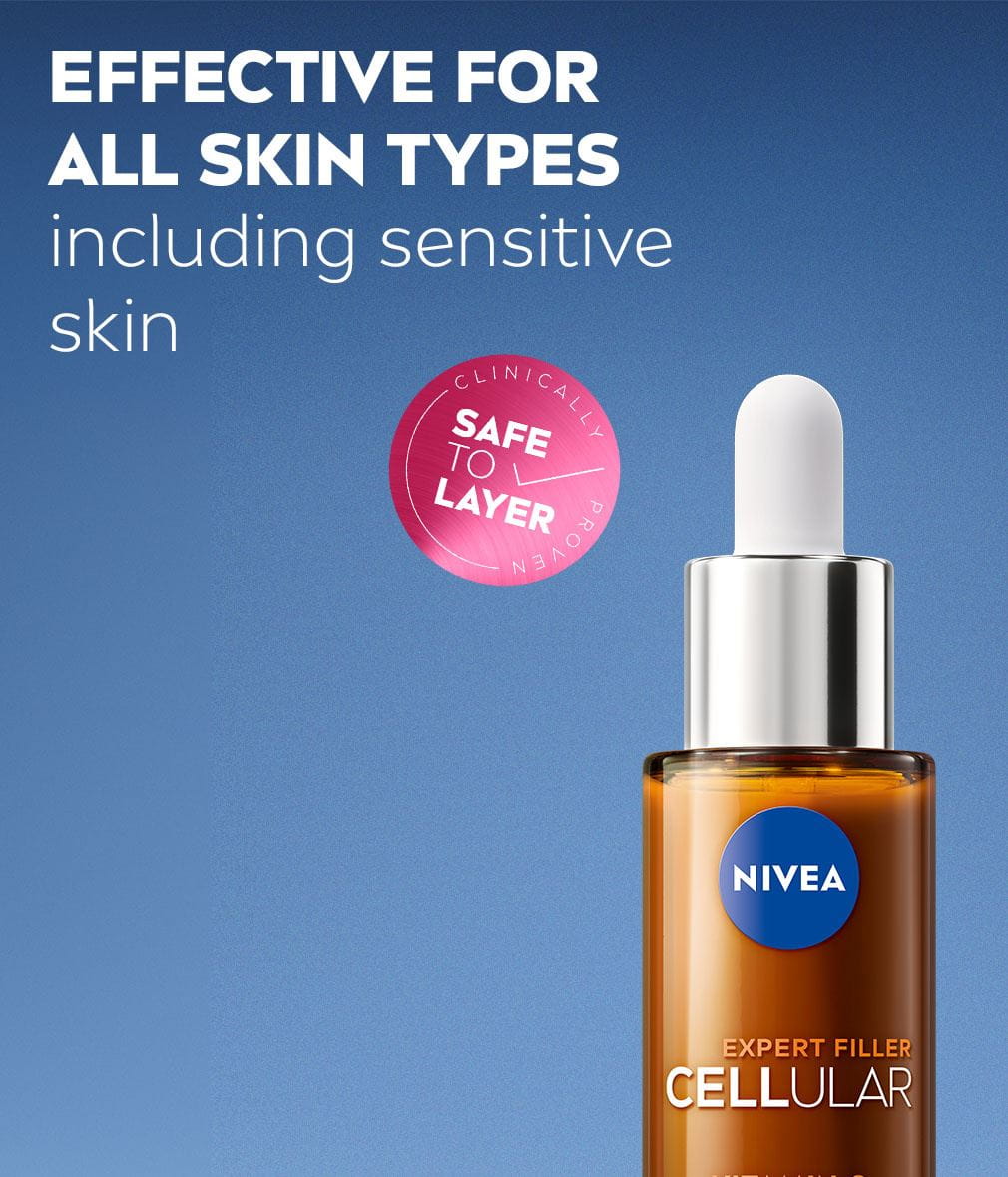 NIVEA CELLULAR Vitamin C Radiance Renewing Serum with the text: Effective for all skin types including sensitive skin, with a sticker saying: safe to layer.