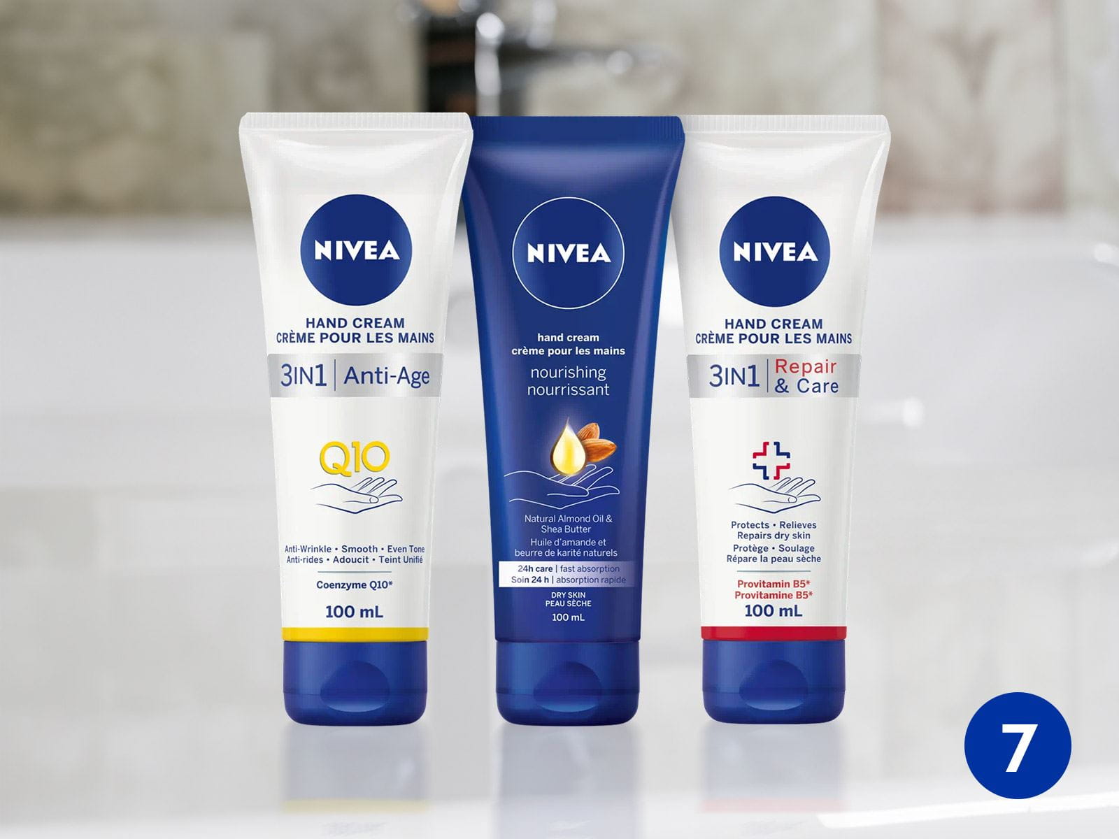 View of three NIVEA hand cream products resting on a countertop.