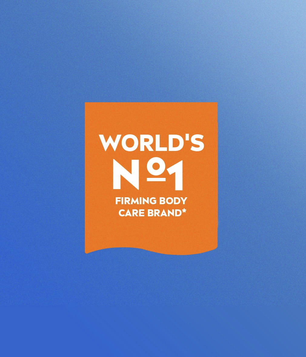 A graphic with an orange background stating in white text: World's Number 1 Firming Body Care Brand