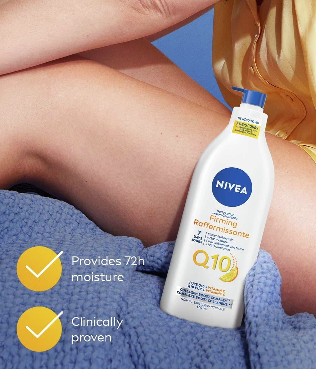 A lifestyle image of the NIVEA Q10 Firming Body Lotion resting on a blue towel, with text highlighting that it "Provides 72h moisture" and is "Clinically proven".