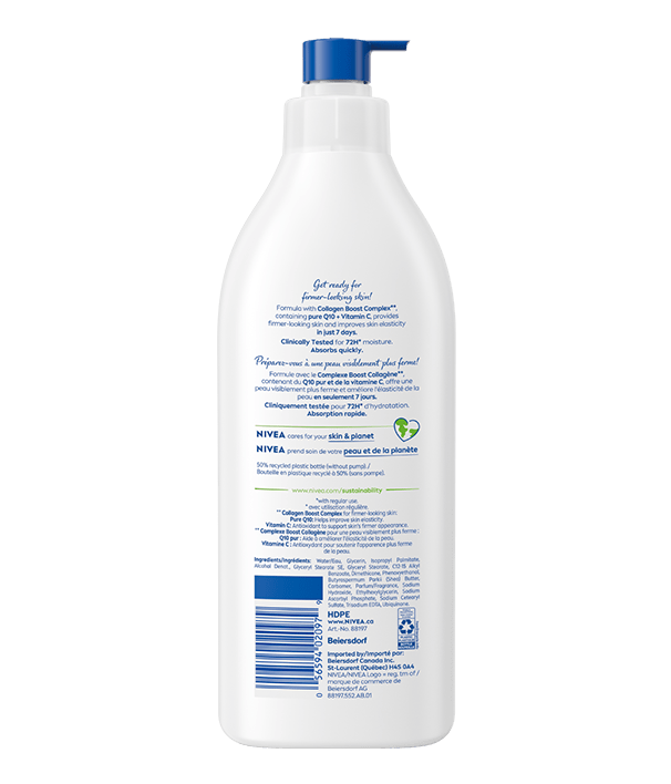The image shows rear view of the 500ml bottle of NIVEA Q10 Firming Body Lotion, the label is showing full product description, directions, a complete list of ingredients, the UPC barcode, and recycling information.
