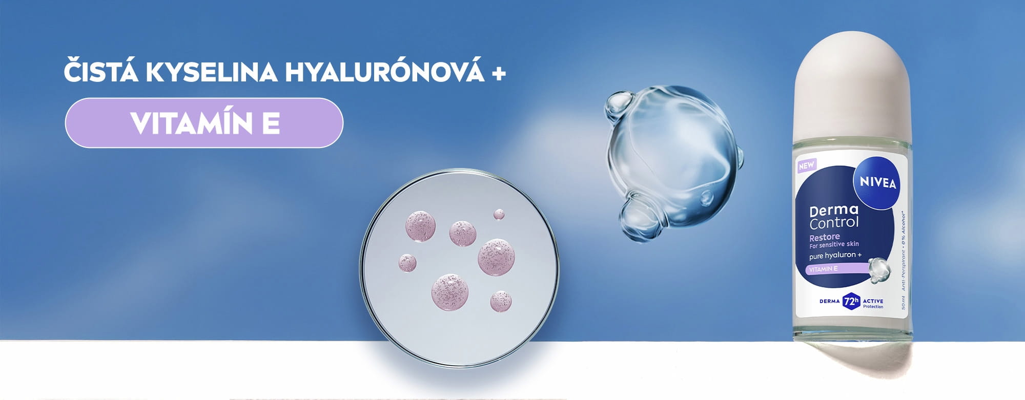 NIVEA Guľôčkový antiperspirant Derma Control Restore s ČISTOU KYSELINOU HYALURÓNOVOU a VITAMÍNOM E.