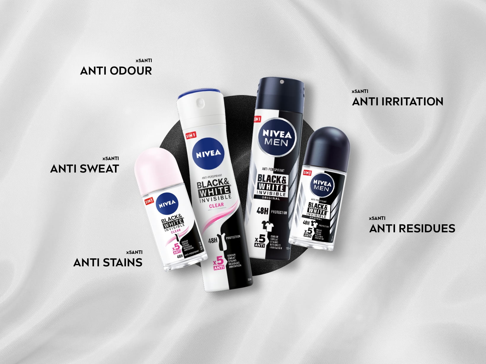 Anti odour, anti sweat, anti irritation, anti stains, anti residues