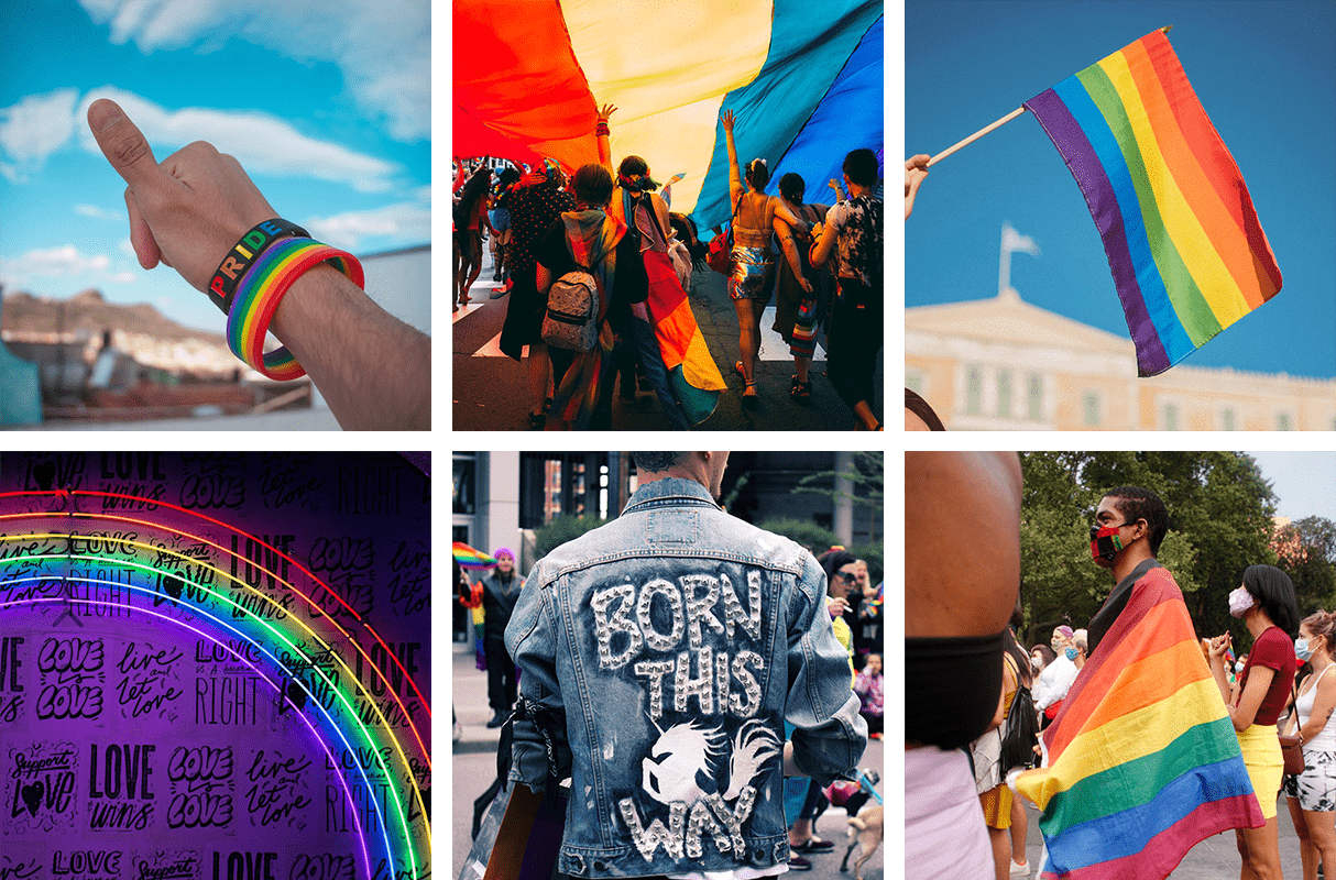 Vue de la main d'une personne, le pouce en l'air, portant au poignet des bracelets de fierté et d'arc-en-ciel. Vue de plusieurs personnes brandissant un grand drapeau aux couleurs de l'arc-en-ciel tout en marchant les unes à côté des autres.  Vue d'un drapeau aux couleurs de l'arc-en-ciel brandi, avec un bâtiment et un ciel bleu clair en arrière-plan. Vue des néons aux couleurs de l'arc-en-ciel sur un mur violet décoré de graffitis.  Une personne portant une veste en jean avec les mots « born this way » (né de cette façon) en caractères blancs embellis au dos de la veste. Vue d'une personne drapée d'un drapeau aux couleurs de l'arc-en-ciel et d'un rassemblement de personnes au loin