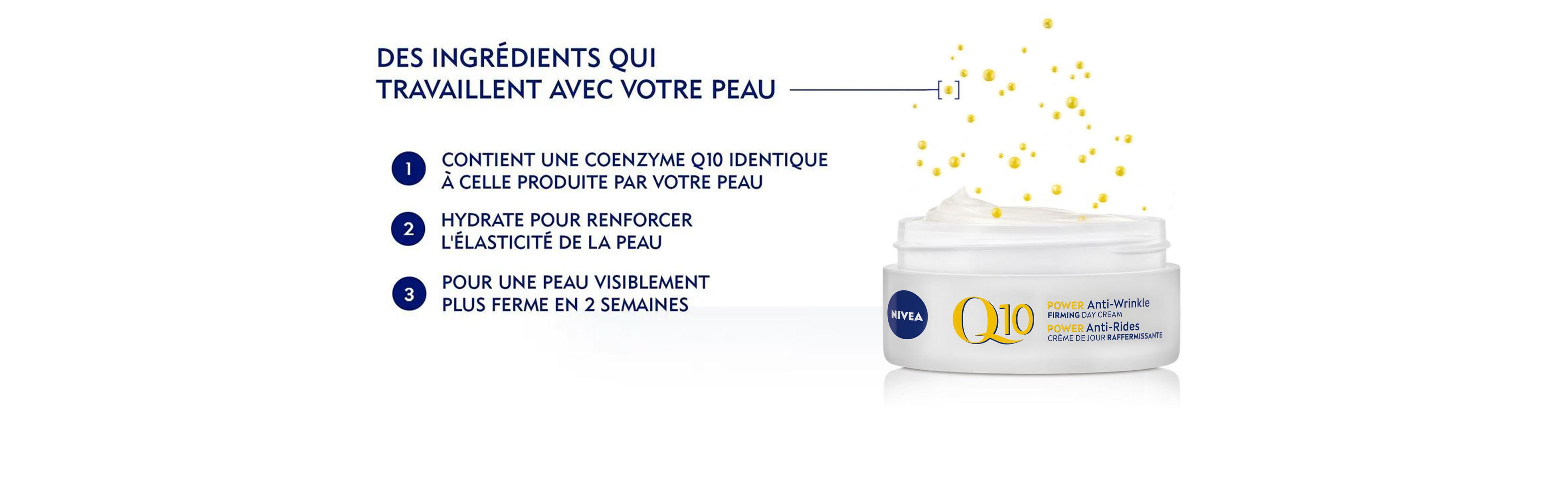 pot de crème Q10 NIVEA avec la description des bénéfices des ingredients