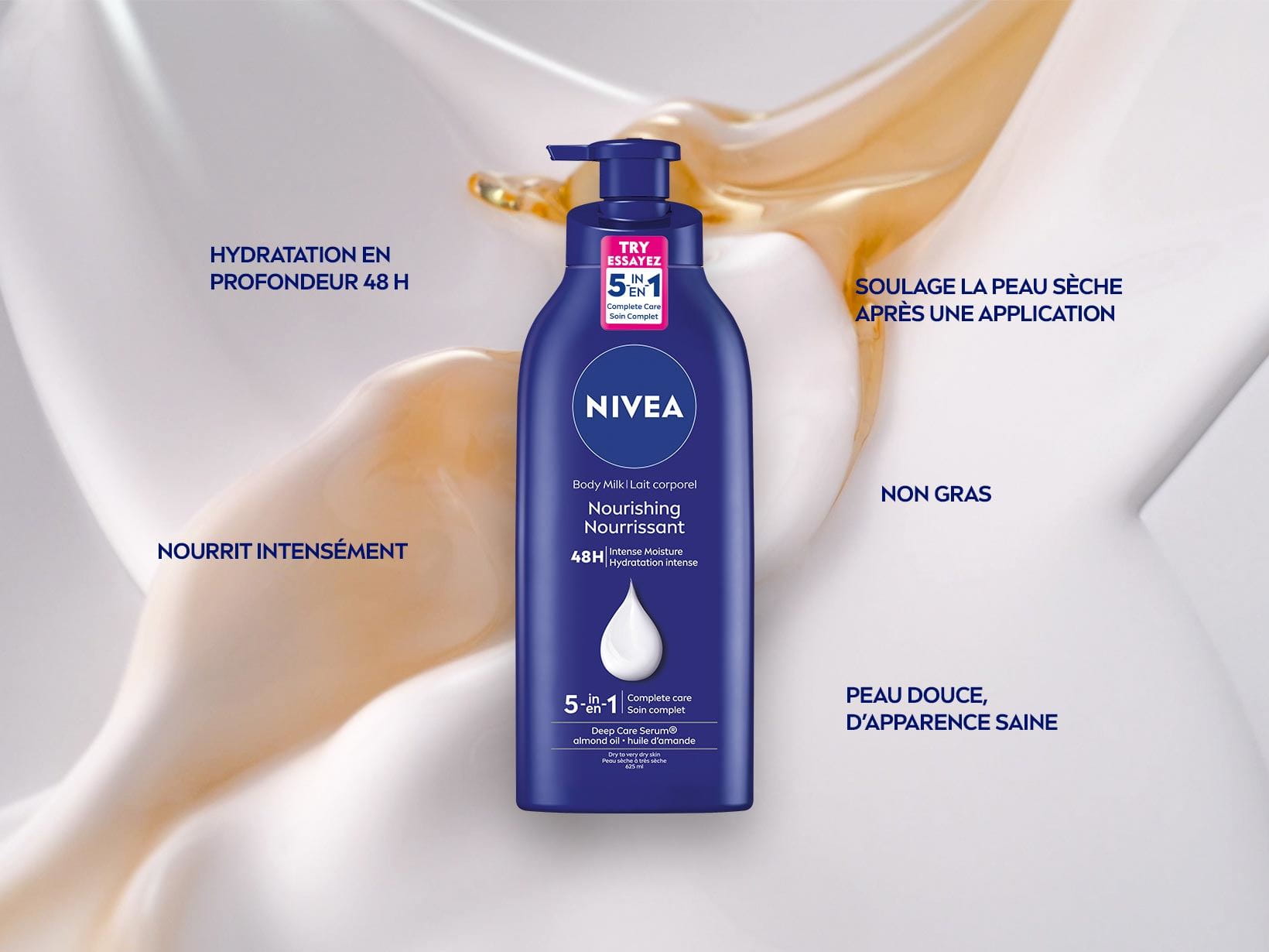 Sur un fond artistique blanc et orange, on voit une bouteille de Lait corporel nourrissant NIVEA Soin complet 5-en-1, autour de laquelle on peut lire des attributs du produit.