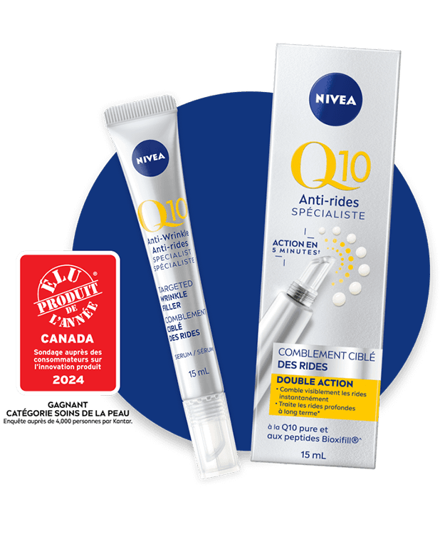 Vue du produit de comblement des rides ciblé NIVEA Q10 Anti-rides Spécialiste Comblement ciblé des rides placé au-dessus d’un cercle bleu