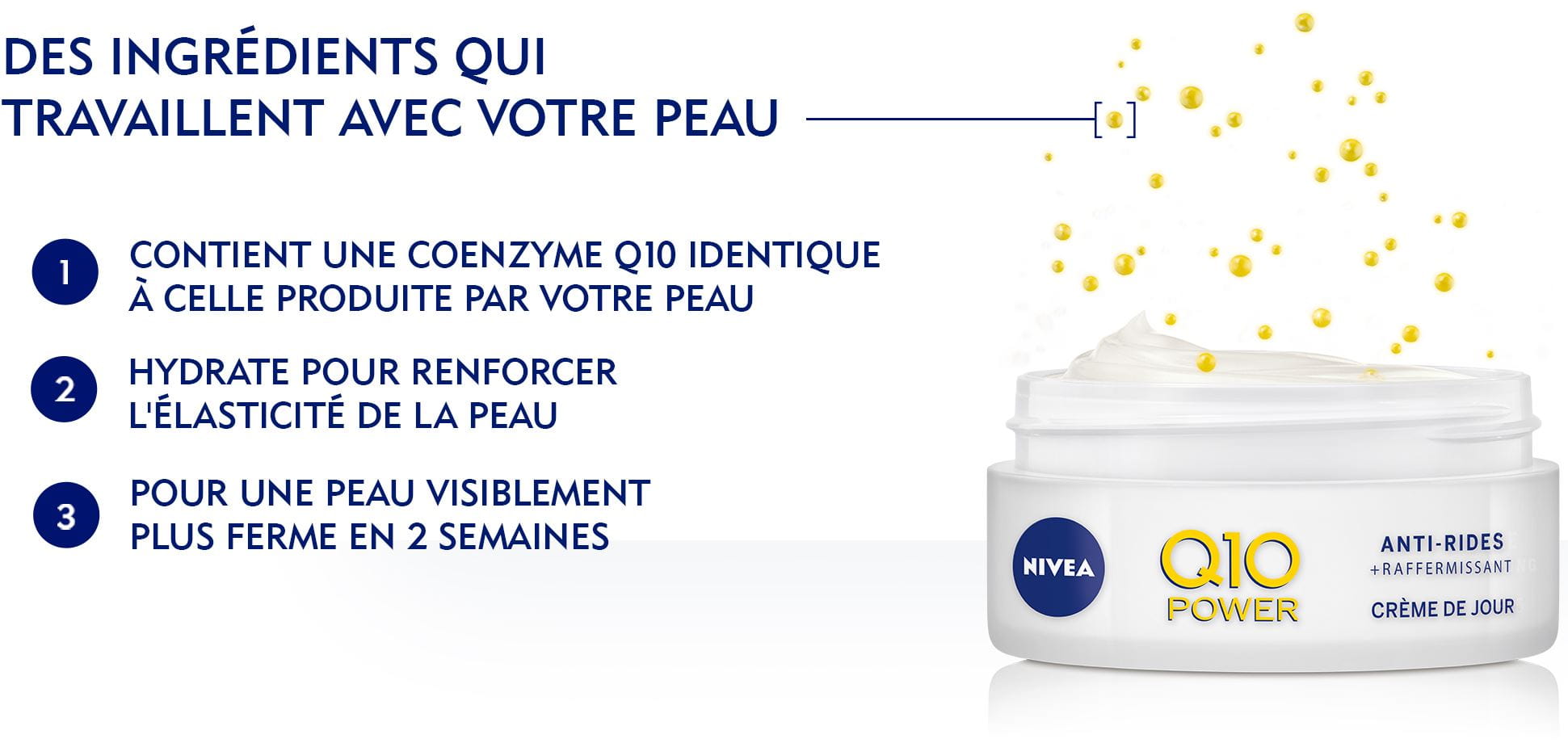 pot de crème Q10 NIVEA avec la description des bénéfices des ingredients