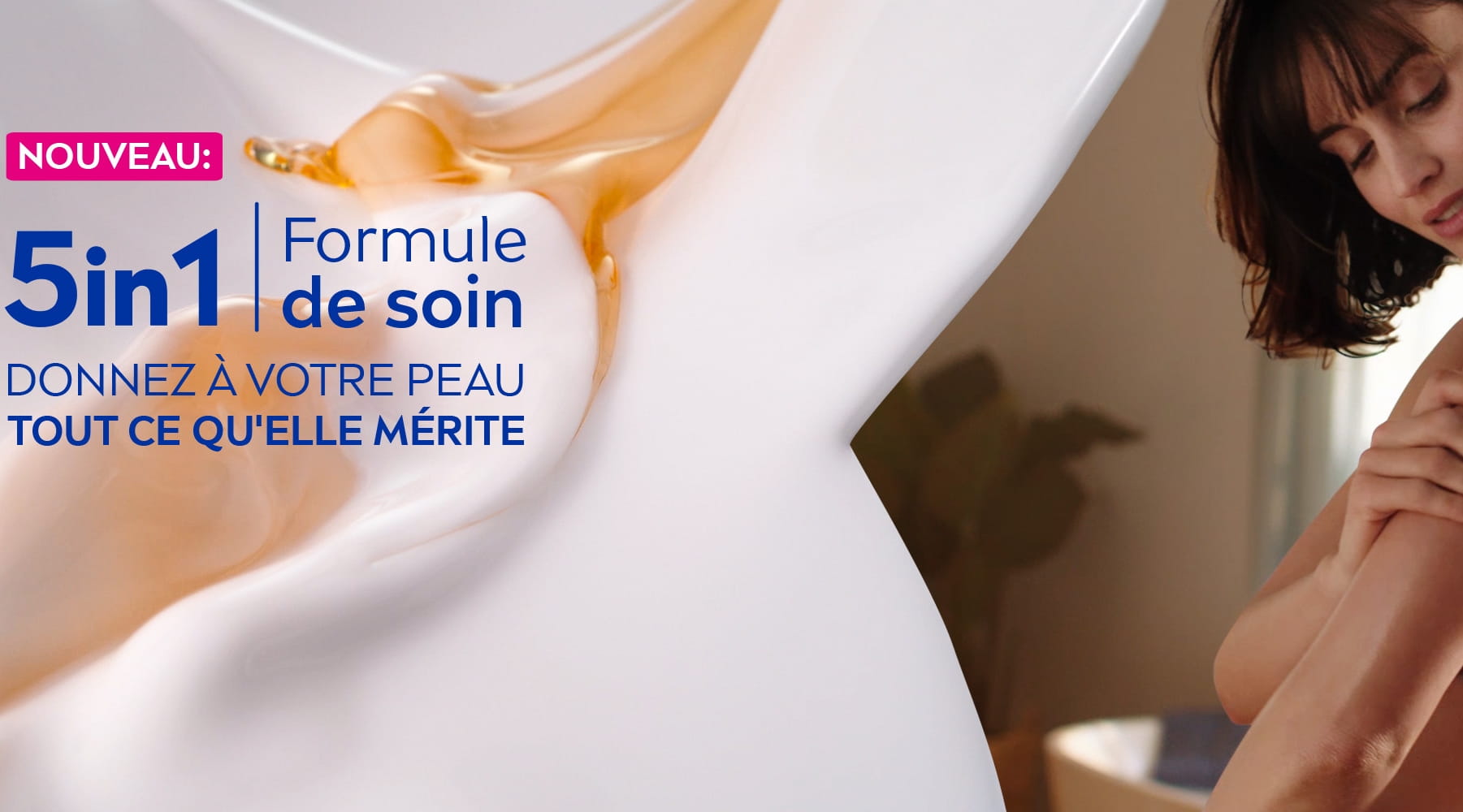 Women is using body milk for her dry skin as a skincare routine.