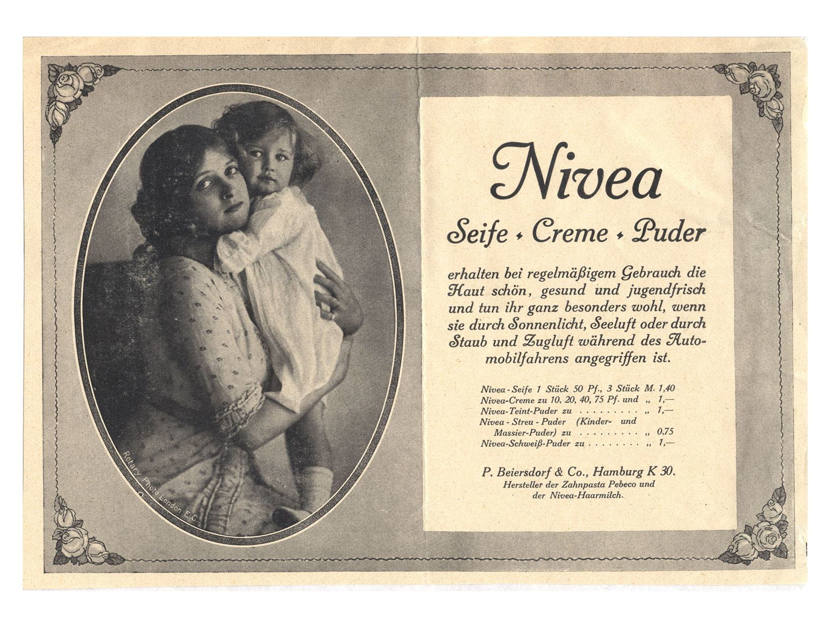 Werbeanzeige für NIVEA Creme, Puder und Seife aus dem Jahr 1913