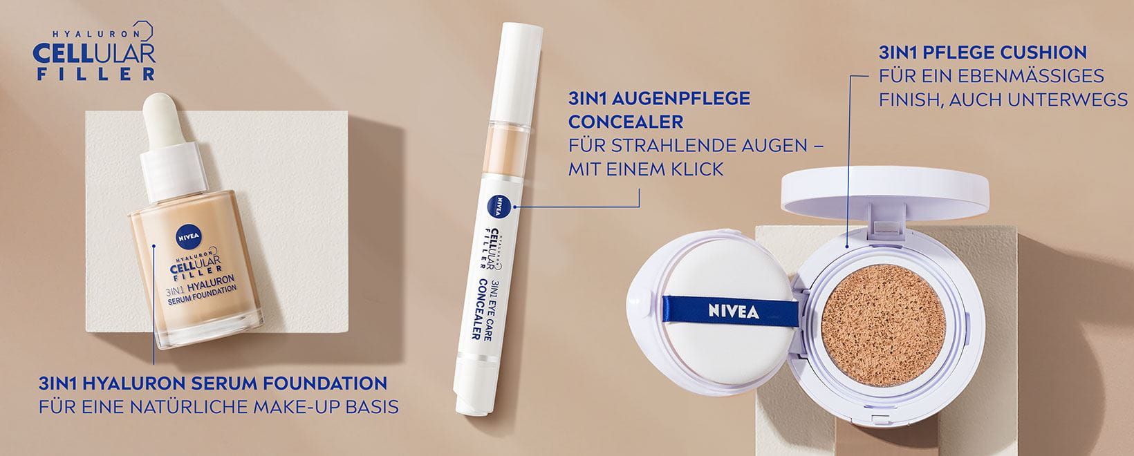 Die perfekte Routine kombiniert Pflege und Make-up: Die 3in1 Hyaluron Serum Foundation als Make-up Base, dann der 3in1 Augenpflege Concealer für einen strahlenden Blick und das 3in1 Pflege Cushion für ein ebenmäßiges Finish.