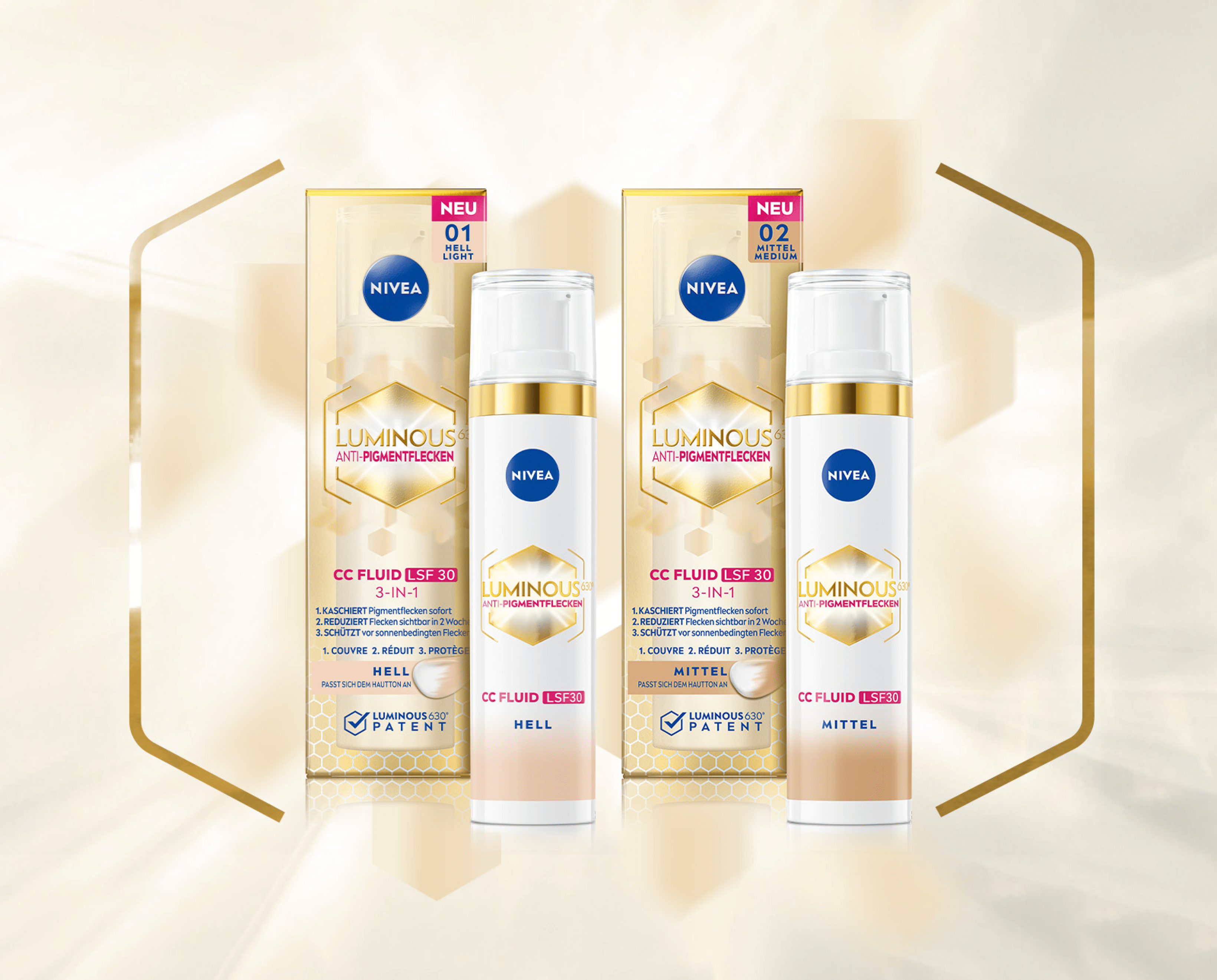 Das NIVEA LUMINOUS630® 3-in-1 CC Fluid LSF 30 in zwei Farbtönen vor einem beigen Hintergrund. 