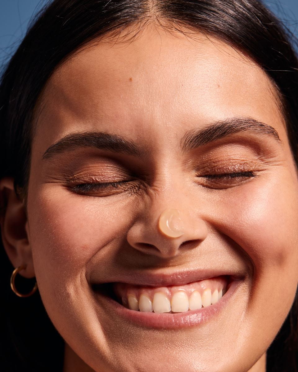 woman smiling with sunscreen on her nose