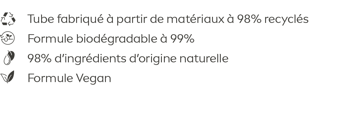 98% natural origin ingredients (incl. water); 99% biodegradable formula; Fully recyclable tube; Microplastic free formula