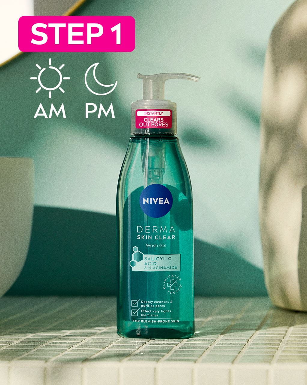 Nivea Skin Clear Wash Gel sitting on a tile bathroom counter next to a sink.