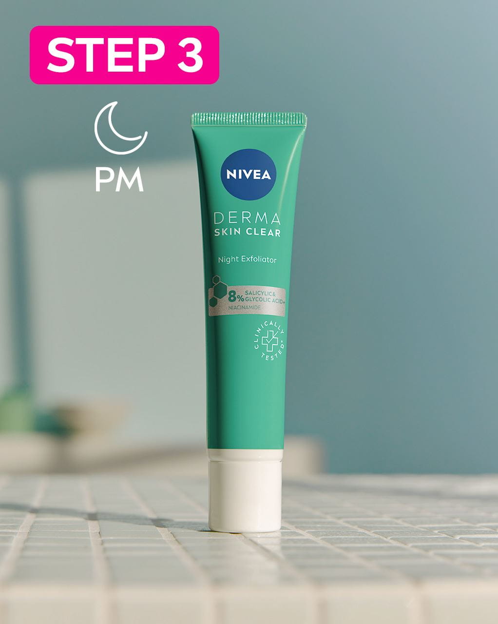 Nivea Skin Clear Scrub sitting on a tile bathroom counter next to a sink.