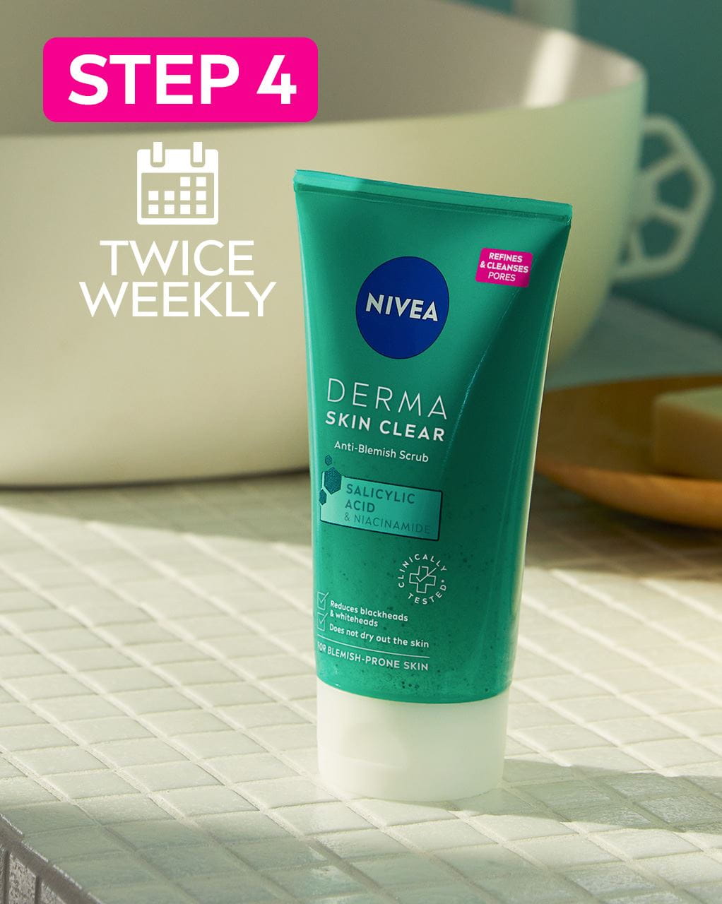 Nivea Skin Clear Night Exfoliator laying on a tile bathroom counter.