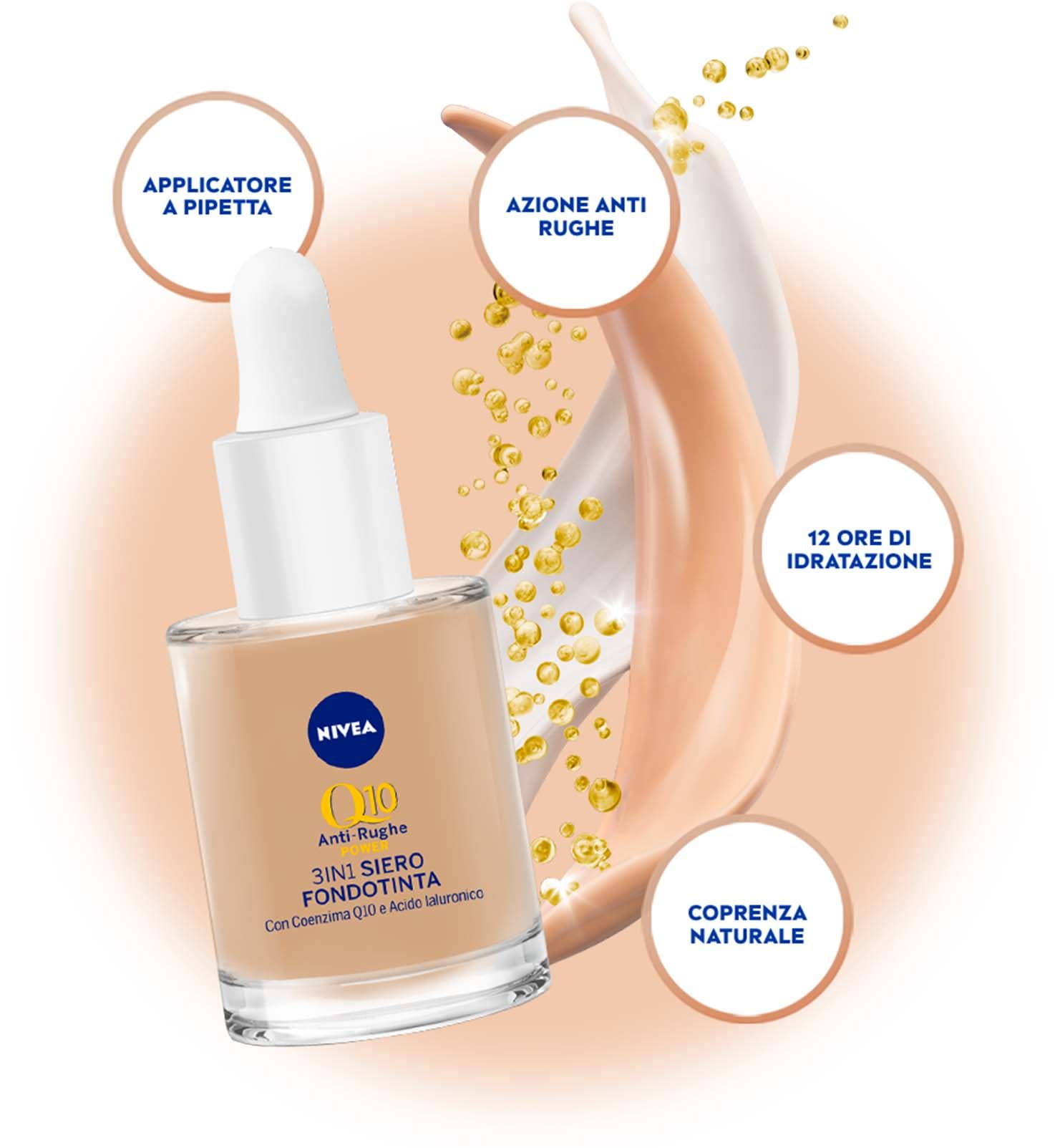 L'efficacia di NIVEA Q10 3IN1 SIERO FONDOTINTA, utilizzo semplice, copertura naturale, Acido Ialuronico, Olio di Avocado, squalene