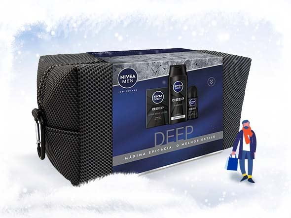 Kit NIVEA MEN Deep com gel de banho, desodorizante e after shave.