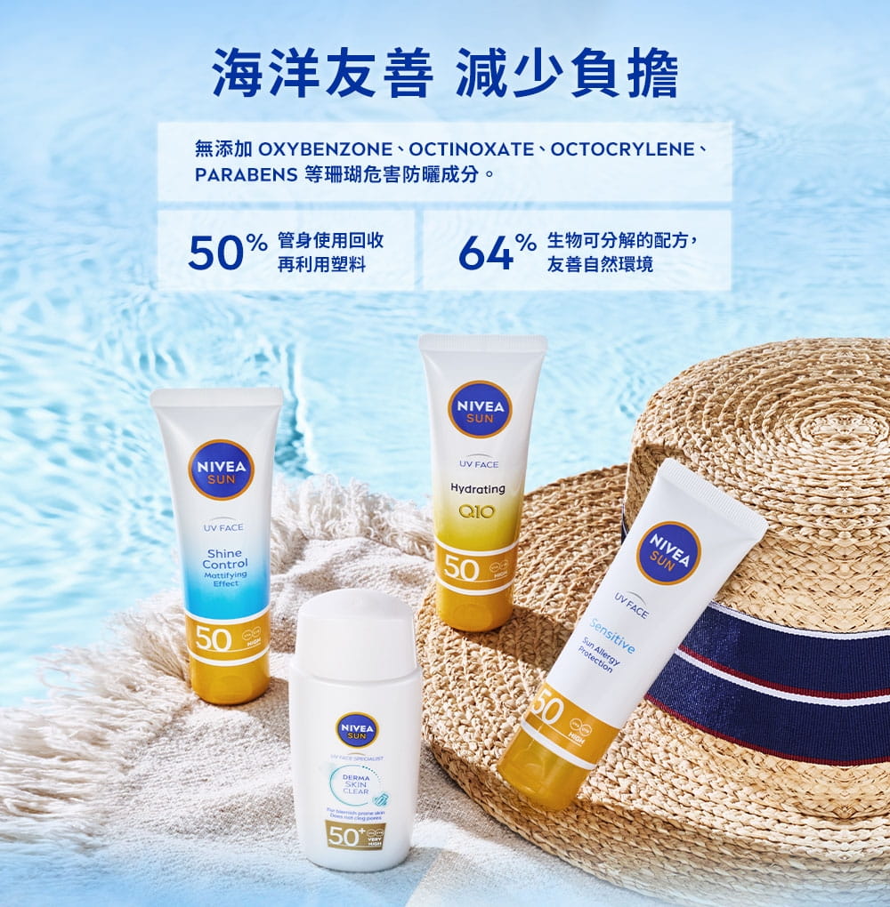 海洋有善，無添加珊瑚危害防曬成分，管身使用回收50%再利用塑料，及60%生物可分解配方