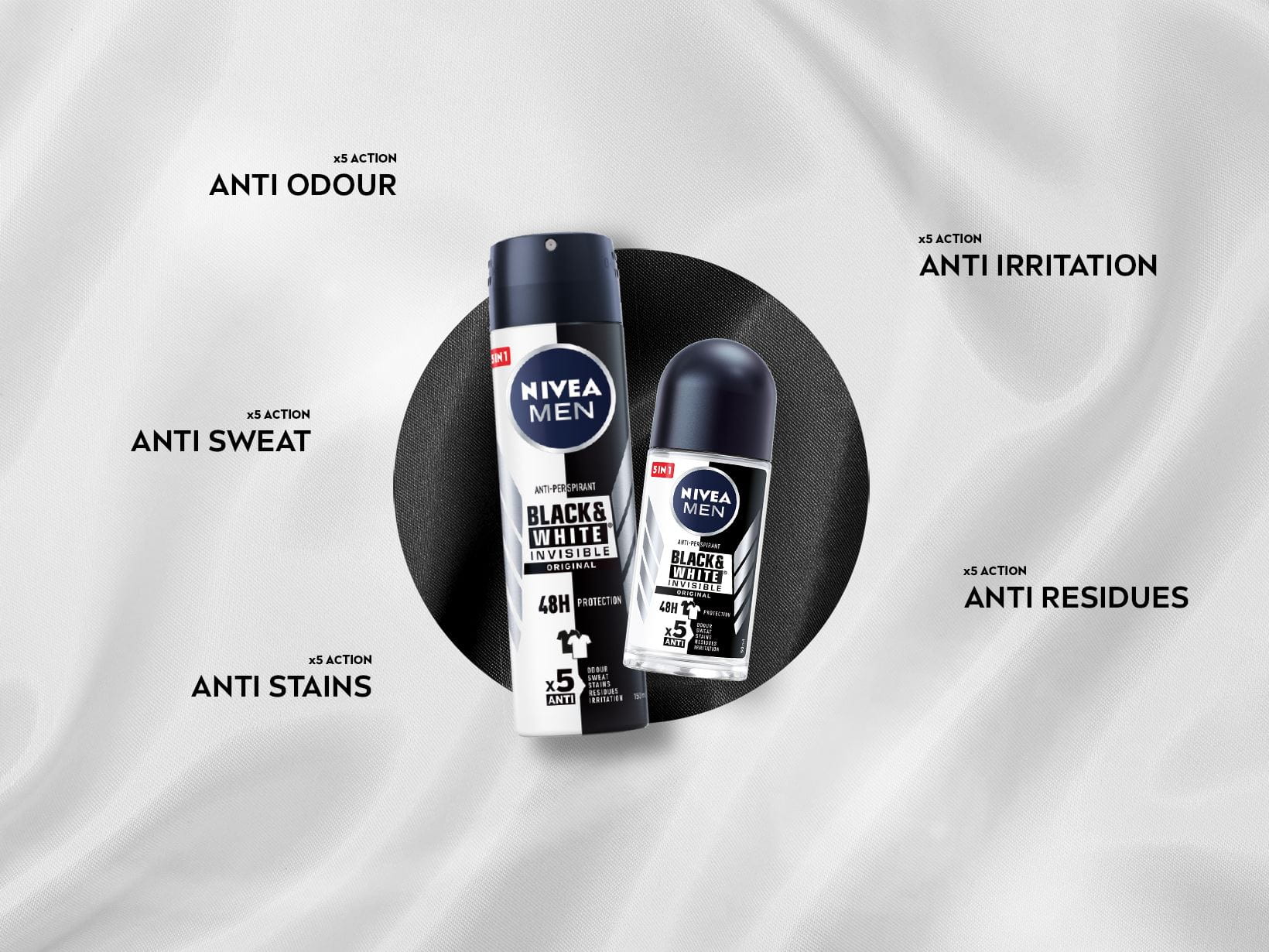 Anti odour, anti sweat, anti irritation, anti stains, anti residues