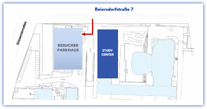 Map showing 'Parkhaus', 'Study Center', and 'Forschungszentrum R&D' with entry and exit routes.